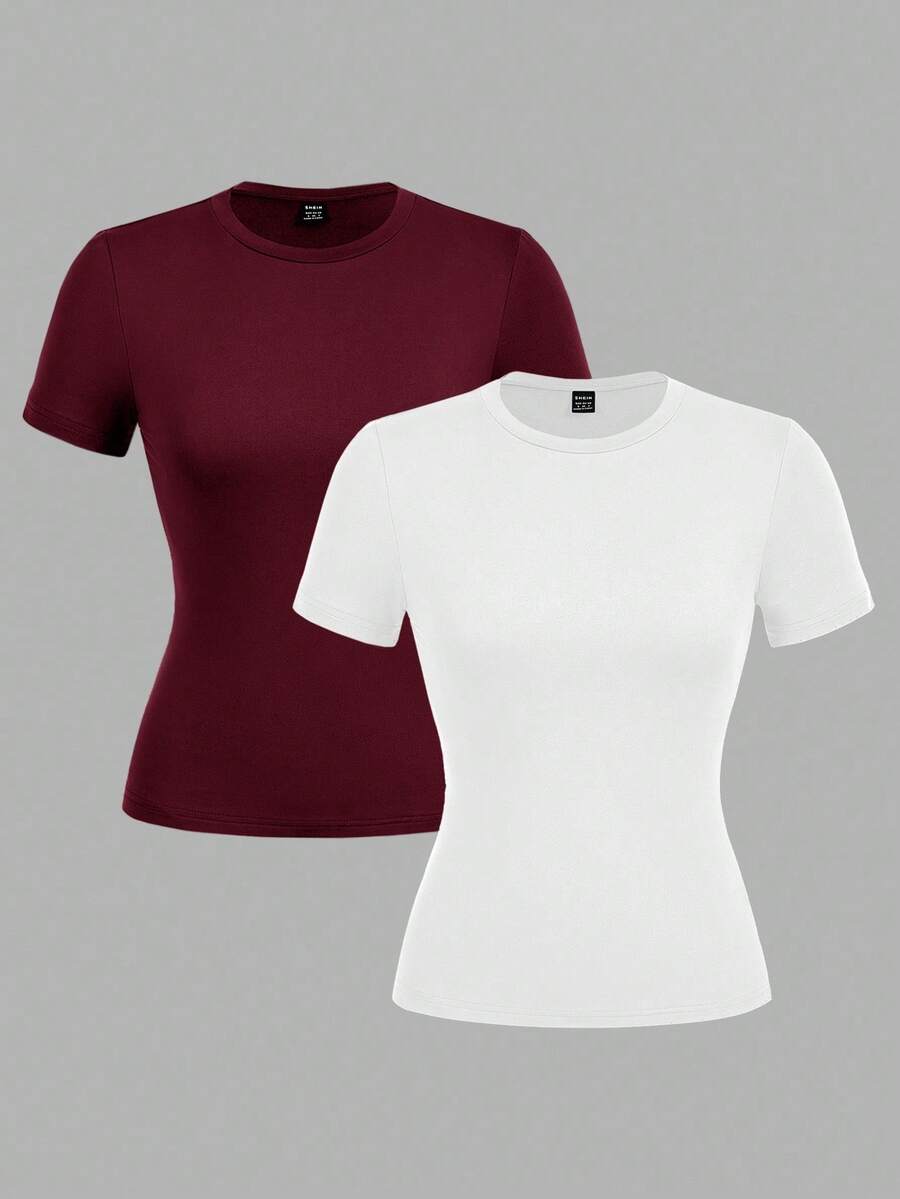 SHEIN EZwear Bộ 2 áo thun tay ngắn cổ tròn đơn giản, tối giản, thích hợp cho mùa xuân/hè - Nhiều màu - Xem 1