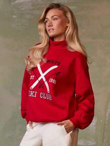 Athîral 2025 Winterkollektion Neuheit: Locker sitzender bestickter Grafik "SKI CLUB" Sweatshirt, roter Sweatshirt, perfekt für Winter, Weihnachten, Feiertage, bequem, süß, Feiertage, Lässig Feiertage, Après-Ski Tragen, Winteroberbekleidung - Rot - Übersicht 2