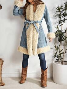 EMERY ROSE Women's Fashionable Fuzzy Patchwork Denim Jacket, Autumn/Winter - Blue - View 7