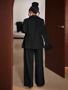 Maweii Plus Size Women's Solid Color Padded Shoulder Long Sleeve Cuff Decor Elegant Blazer + Casual Pants 2 Pieces Set, Chic Outfit For Going Out And Commuting, Autumn/Winter - Black - View 4