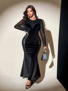 Viva Relle Plus Size Solid Color Minimalist Long Sleeve Casual Dress - Black - View 3