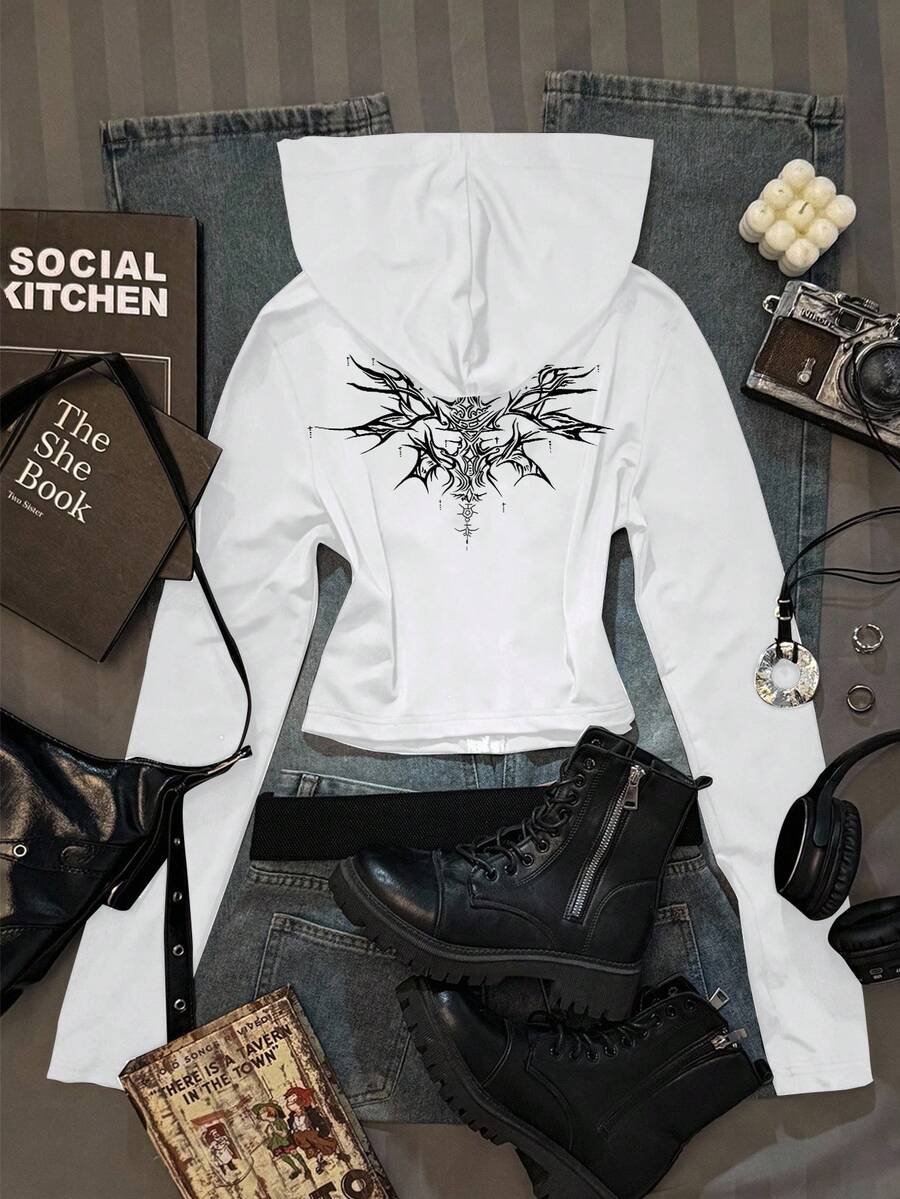 SHEIN EZwear Casual Vintage Printed Pattern White Women's Solid Color Fitted Hoodie T-Shirt, Autumn Graphic - White - View 1