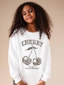 SUMWON Conjunto de sudadera con capucha y pantalón de estampado de cerezas y leopardo para niñas preadolescentes, de manga larga y uso casual en el hogar - Blanco - Ver 6