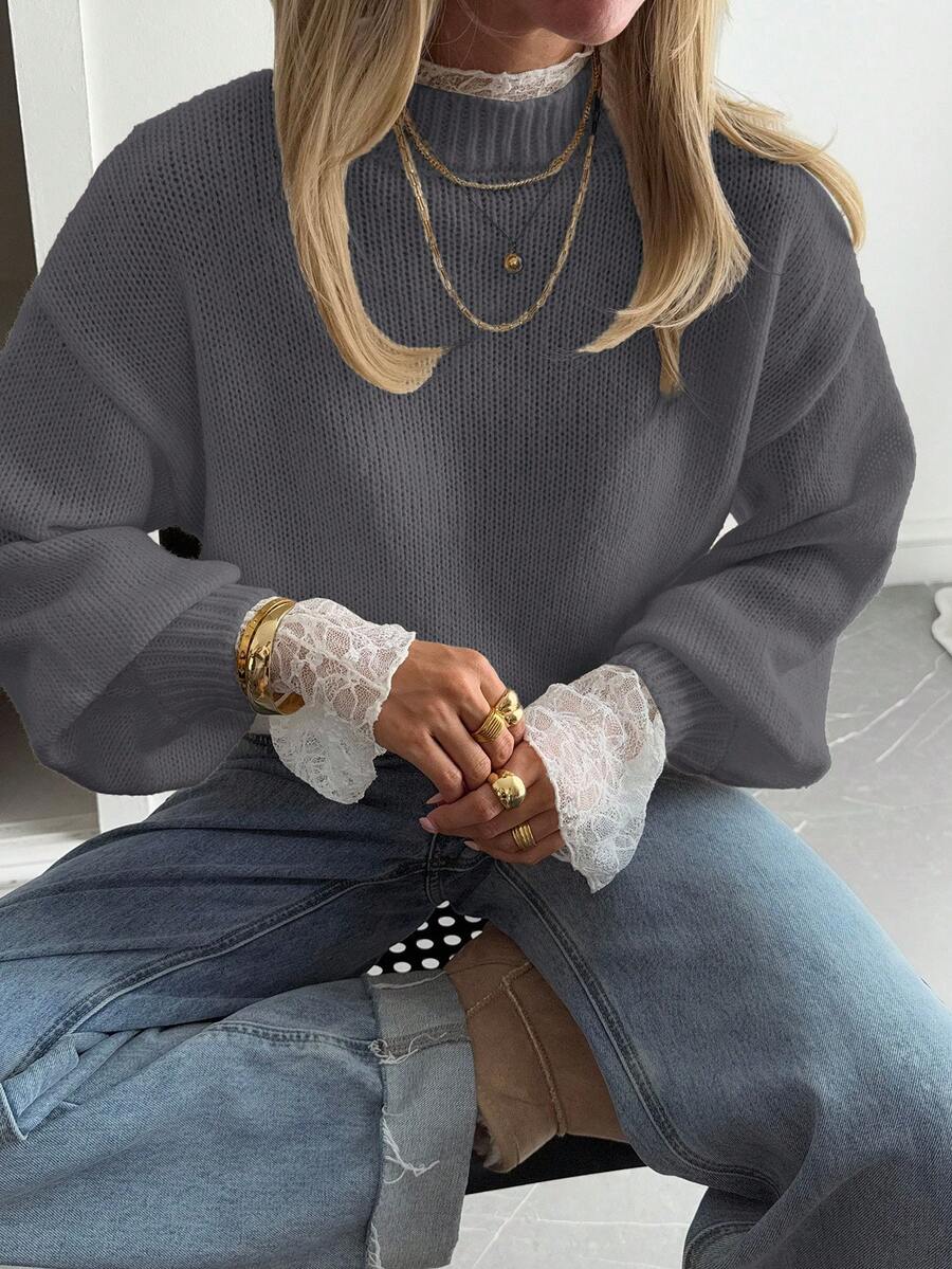 DAZY 新款秋季宽松休闲蕾丝拼布女式毛衣 - 灰色 - 查看 1