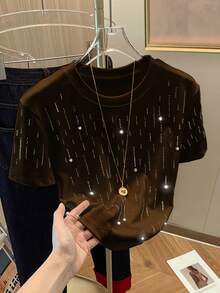 Resyla Áo thun cổ tròn tay ngắn đính hạt lấp lánh + đá Rhinestone dành cho nữ - màu nâu - Xem 3