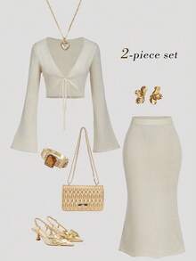 SHEIN MOD 2 件套女式扭纹前上衣和紧身美人鱼裙针织毛衣套装 - 米色 - 查看 1