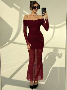 Aloruh Christmas Wine Red & Plum Purple Ruched Off Shoulder Long Sleeve ...