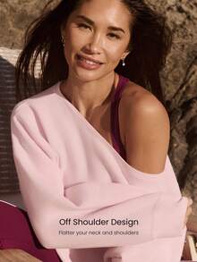 GLOWMODE Everyday Fleece Shine Bright Soft Warm Lightweight Oversized Off-The-Shoulder Pullover Sweatshirt Autumn Winter Outdoors Daily Casual Wear - 淺粉色 - 查看 2