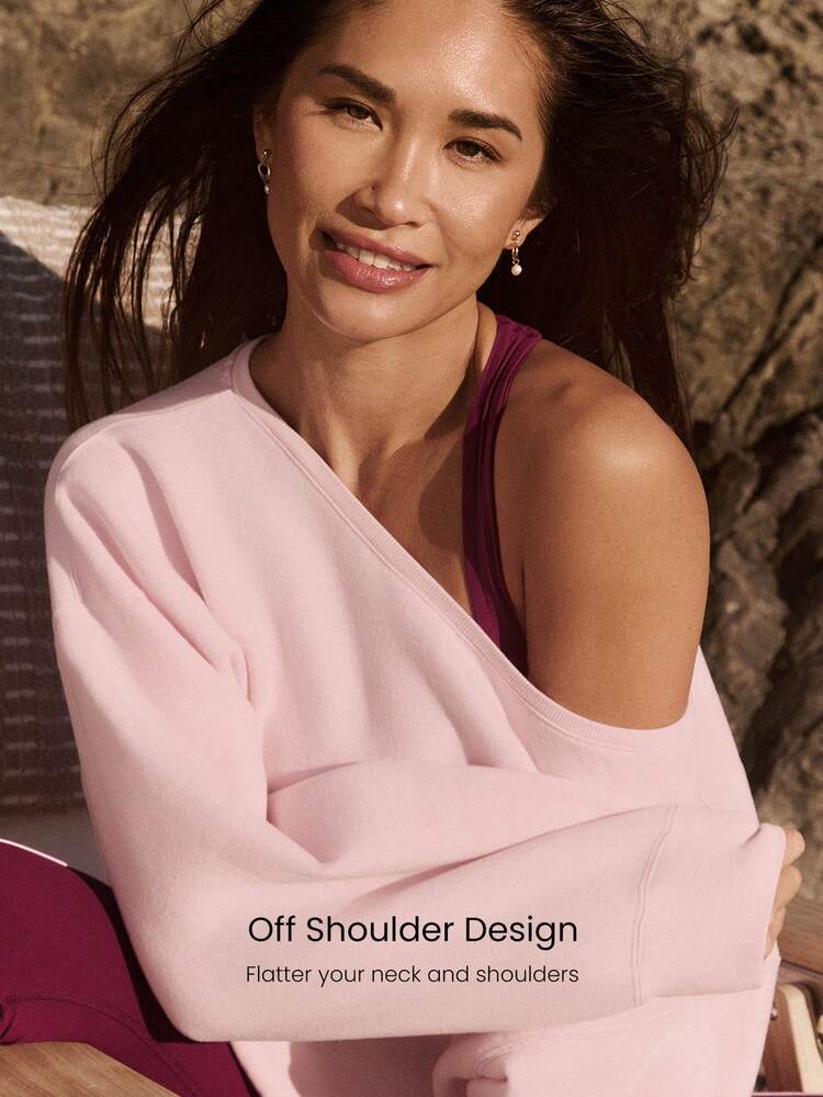 Everyday Fleece Shine Bright Soft Warm Lightweight Oversized Off-The-Shoulder Pullover Sweatshirt Autumn Winter Outdoors Daily Casual Wear