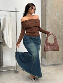 GalTyme Plus Size Solid Color Off-Shoulder Fitted Elegant Long Sleeve T-Shirt, Brown Top Women Brown Long Sleeve Top Chocolate Brown Top Brown Off Shoulder Top,Fall /Autumn/Winter,Christmas,New Year,Thanksgiving,Party,Wedding,Beach,Elegant,Casual,Going Out,Date,Appointment,Commute