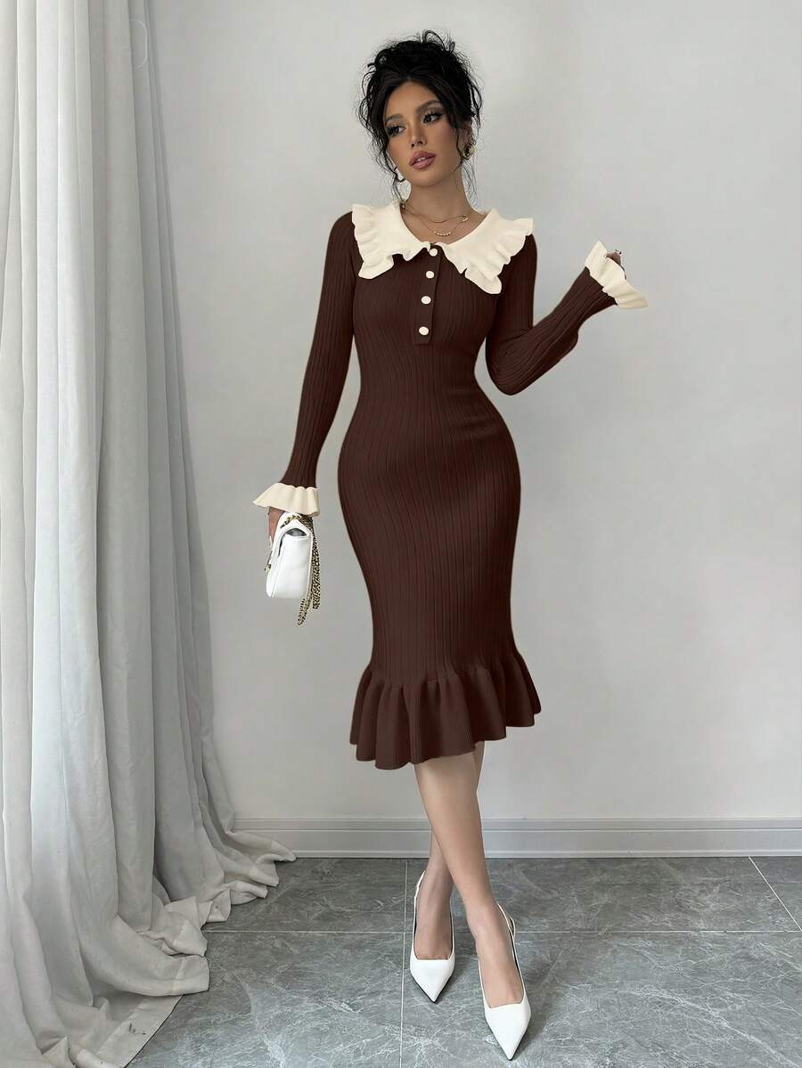 Elenzga Vestido de punto de manga larga con volantes en el bajo y contraste de color para mujer - Café integral - Ver 1