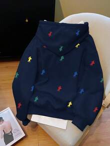 Resyla 全身印花休闲百搭连帽长袖套头衫 - 寶藍色 - 查看 2