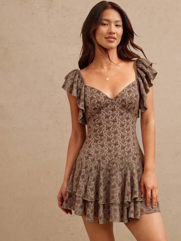 WESTFADE Robe mini cowgirl évasée à volants, col V, imprimé cachemire d'été