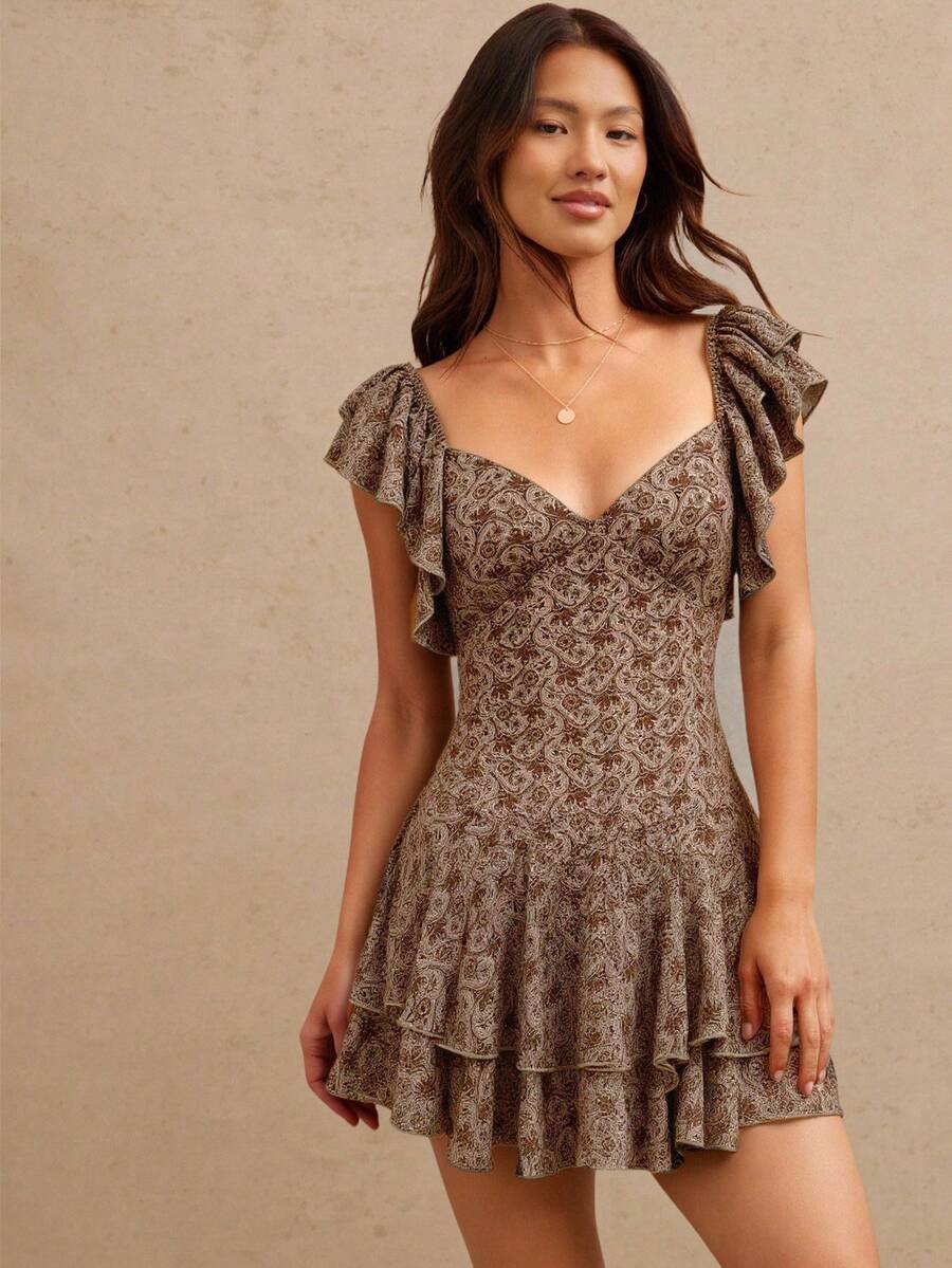 WESTFADE Summer Paisley Print Ruffle V Neck Tiered Fit And Flare Mini Cowgirl Dress - Brown - View 1