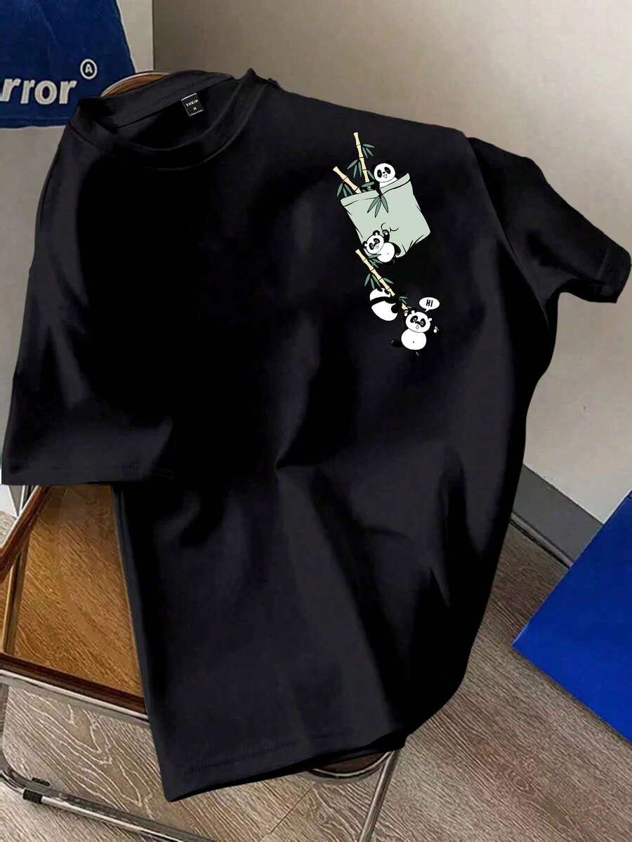 Manfinity Joysei Men's Casual Panda Print Short Sleeve T-Shirt, Summer - Black - View 1