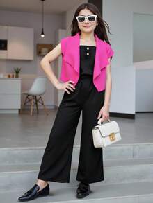 Tween Girl Elegant Solid Color Top & Jumpsuit 2 Pieces Set - Multicolor - View 1
