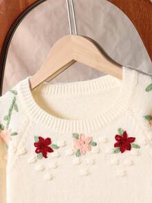 女童乡村手工刺绣可爱圆领长袖针织毛衣上衣，秋冬 - 米色 - 查看 4