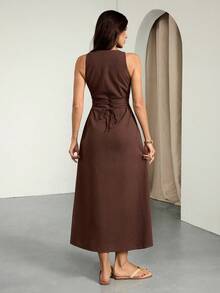 SHEIN Tall فستان قطني بدون أكمام أحادي الصدر كاجوال بني اللون - بني - مشاهدة 2