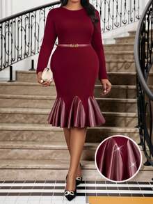 SHEIN Lady 大码优雅拼布美人鱼连衣裙 - 紅色 - 查看 3