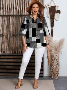 EMERY ROSE Plus Size Casual Colorblock Geometric Pattern Round Neck Shirt, Suitable For Spring And Autumn - Grey - View 5