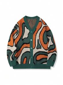 Manfinity EMRG 男士休闲宽松开衫毛衣，抽象提花撞色图案，街头风，长袖，秋冬男士针织开衫，男士街头服饰，男士针织开衫，针织衫 - 彩色 - 查看 3