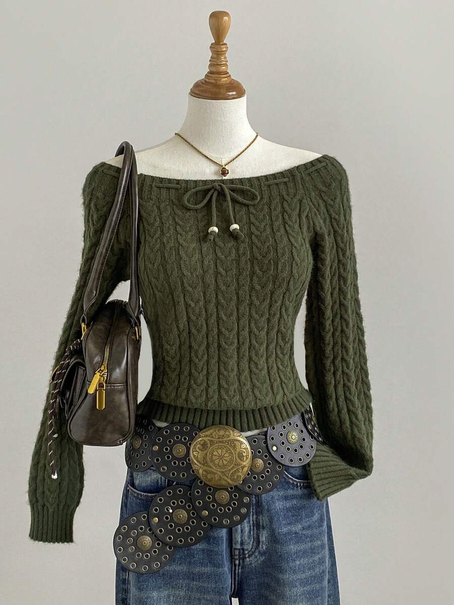 SHEIN Unity 秋冬新款橄榄绿露肩性感扭纹针织套头衫,复古风 - 墨綠色 - 查看 1