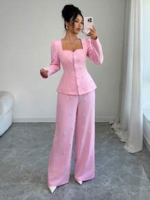 Rafferiza Women's Elegant Square Neck Long Sleeve Suit Set Women Pants Suit Two Piece Set Women Elegant 2 Piece Casual Sets Woman Pant Suit Summer Sets - Pink - View 6