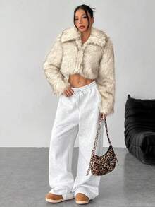 SHEIN PETITE Chaqueta de mujer de piel sintética degradada, estilo corto, cálida y adecuada para otoño e invierno - Albaricoque - Ver 3