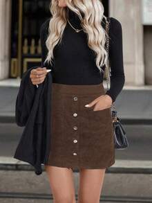SHEIN LUNE تنورة قصيرة كاجوال للسيدات بجيب أمامي وأزرار - بني - مشاهدة 5