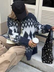 Livesso Autumn/Winter Collegiate Style Casual Business Loose Fit Geometric Pattern Thick Knit Cardigan For Women - Navy Blue - View 4