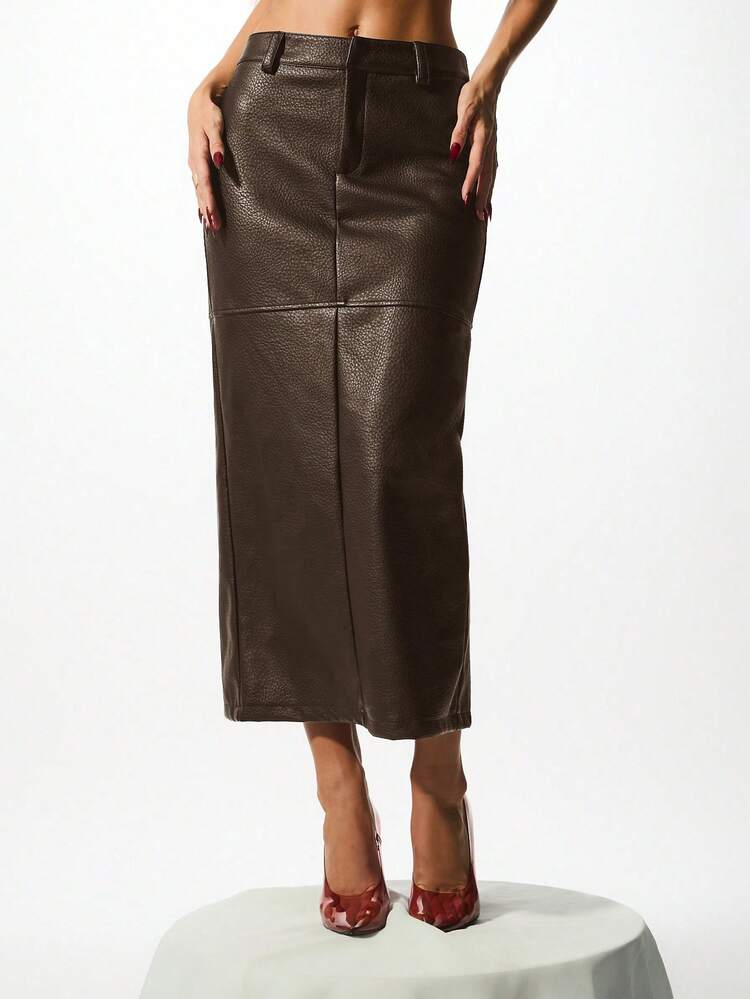 KIZN Saia Lápis Midi de Couro Cintura Alta Saia Coluna de Couro Sintético Moda de Outono e Inverno - Chocolate - Visão 1