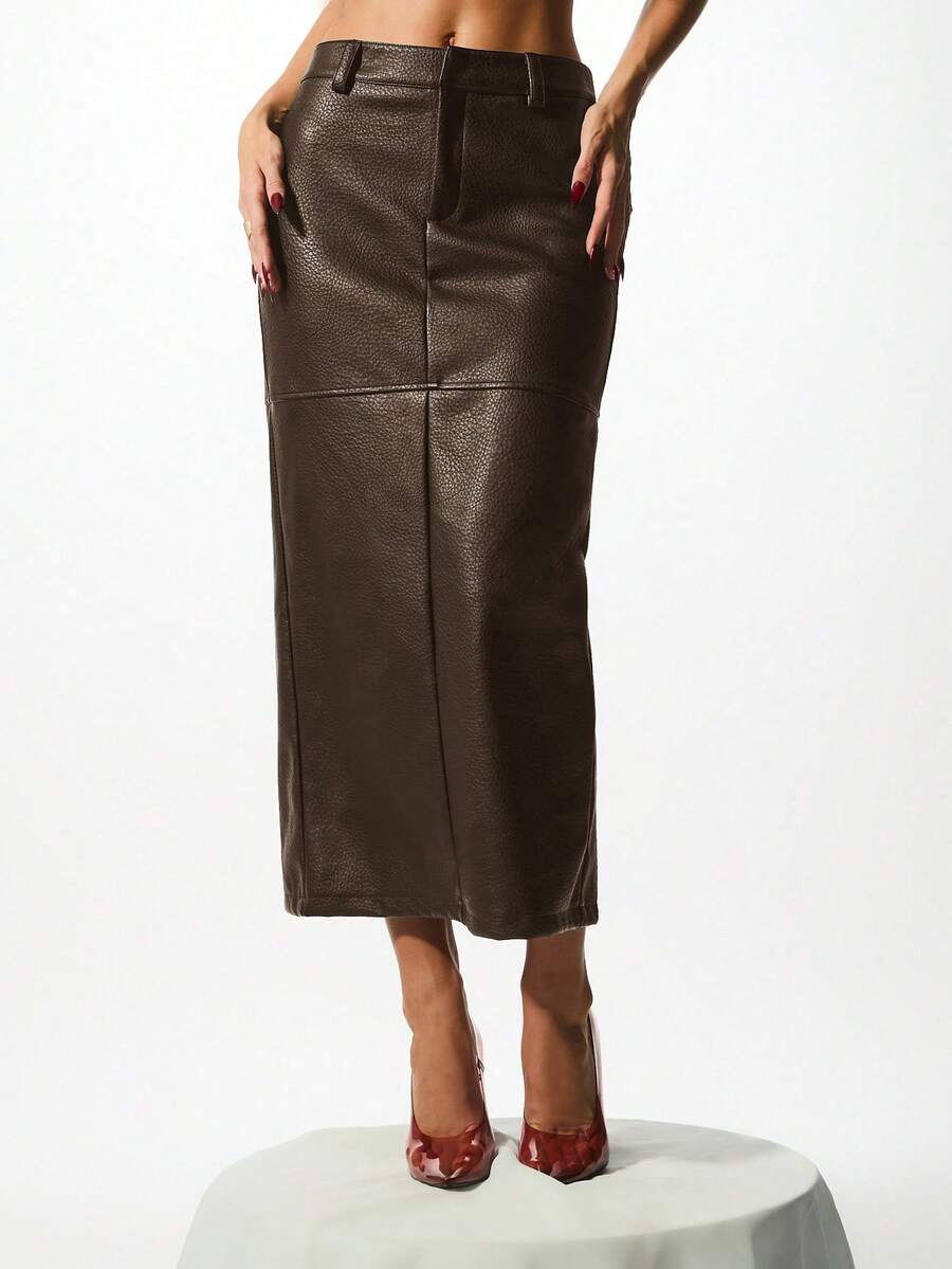 KIZN Falda lápiz de piel sintética de talle alto, falda columna de piel sintética de largo midi, moda de otoño e invierno - Marrón Chocolate - Ver 1