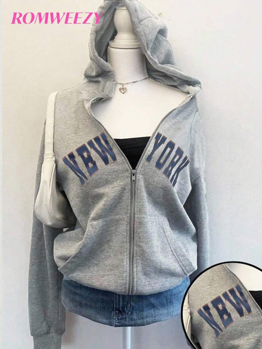 Kleine Mädchen Jacke mit englischen Buchstaben-Muster, Kontrast-Farbige Buchstaben-Muster Mischung im Streetstyle, warmes Strickgewebe geeignet für Herbst/Winter, leicht oversized Passform für Wachstumsraum, energiegeladener Campus & Street-Style! - Grau - Übersicht 1