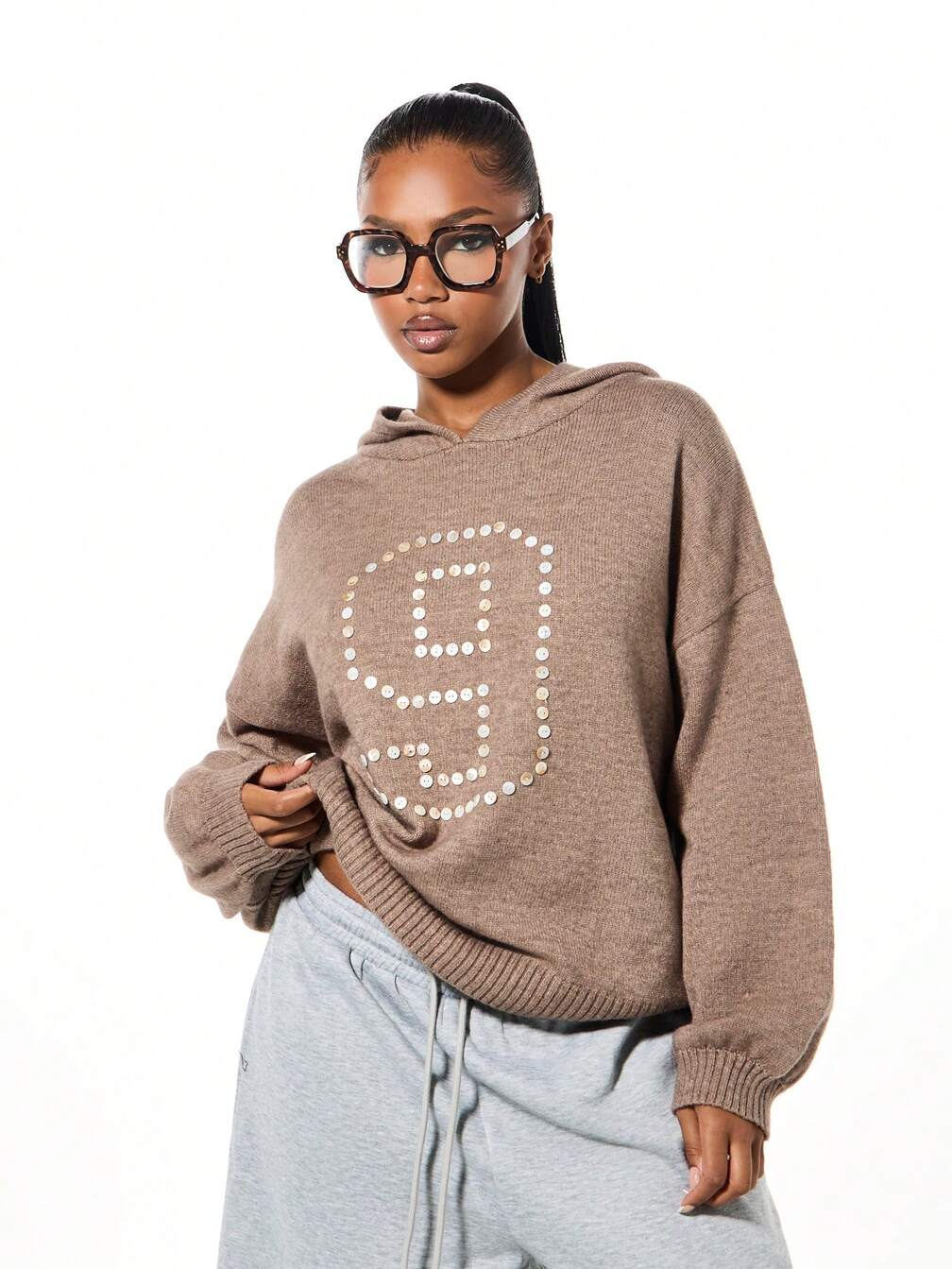 SUMWON WOMEN Oversized Knitted Hoodie With Pearl Button Number