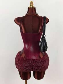 Y2K Amplova Luxury Evening Dresses For Women's Faux Crocodile Texture Camisole Jumpsuit And Fluffy Mini Skirt Sexy Fashion 2 Pieces Set ,Autumn/Winter Thanksgiving And New Year,Party Dresses For Women - Burgundy - View 3