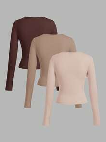 SHEIN EZwear Bộ 3 áo thun bodycon cổ rộng tay dài thường ngày cho nữ, Thu/Đông - Nhiều màu - Xem 2