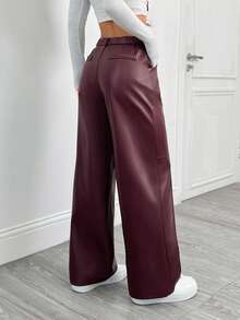 SHEIN PETITE 酒红色纯色 PU 皮革直筒裤，适合圣诞节、新年、情人节、秋冬、派对、约会之夜 - 酒紅色 - 查看 2