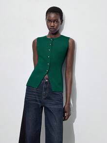 Maija Top de Tricô Feminina com Decote Redondo e Sem Mangas, com Decoração de Botão Metálico, Suéter Básico para Uso Urbano, Casual Business, Uso no Escritório, Elegante para Festa de Natal, Confraternização de Ano Novo