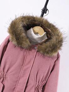 1pc Corduroy Texture Ribbed Oversized Collar Hooded Cinched Waist Jacket, Suitable For Casual Wear, Autumn/Winter Fall - Dusty Pink - View 9