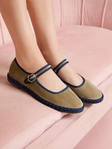 CUCCOO DOLLMOD Giày bệt Mary Jane nhung cổ điển thanh lịch, thoải mái bằng vải nhung màu kaki dành cho nữ - Màu Khaki - Xem 7