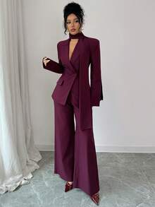 Siren Gaze 三件套时尚商务双排扣西装外套和裤子套装，女士西装裤套装，适合婚礼等正式场合，两件套女士裤装，圣诞红色女士浆果色三件套套装，休闲女装，适合通勤、复古和正式场合，例如商务休闲、工作和教学。 - 酒紅色 - 查看 3