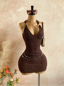 Soleia 女式夏季时尚扭纹后背纹理迷你连衣裙 - 棕色 - 查看 9