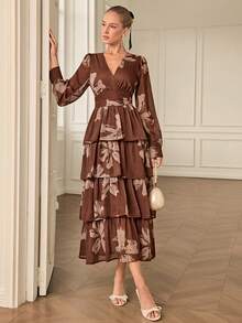 EMERY ROSE 优雅淑女分层蛋糕裙V领雪纺拉丝印花长袖连衣裙/随机印花 - 彩色 - 查看 4