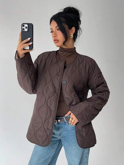 Aloruh 极简通勤新款秋冬夹克版棕色撞色口袋宽松版型女式夹棉外套