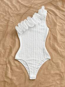 Soleia Body con un hombro con volantes exagerados para mujer, adecuado para fiestas, vacaciones, citas, tardes de té, vacaciones, festivales de música, playa, atuendo de verano, estilo bohemio, vacaciones, ganchillo, lino - Blanco - Ver 5