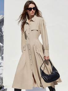 Aveloria Modichic Elegant Waist Cinched Solid Color Long Sleeve Dress, Fashionable & Versatile, Suitable For Commuting, European & American Style, Autumn/Winter - Khaki - View 2
