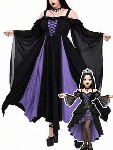 Whyspr Váy dài thắt eo họa tiết chắp vá màu tương phản phong cách Gothic cỡ lớn dành cho nữ - Màu tím hoa cà - Xem 1