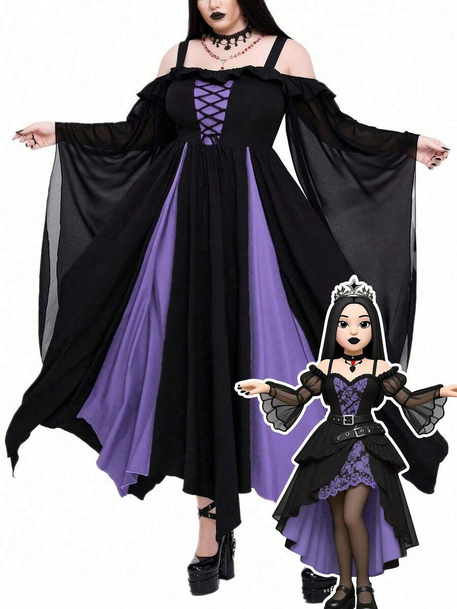 Whyspr Váy dài thắt eo họa tiết chắp vá màu tương phản phong cách Gothic cỡ lớn dành cho nữ - Màu tím hoa cà - Xem 1