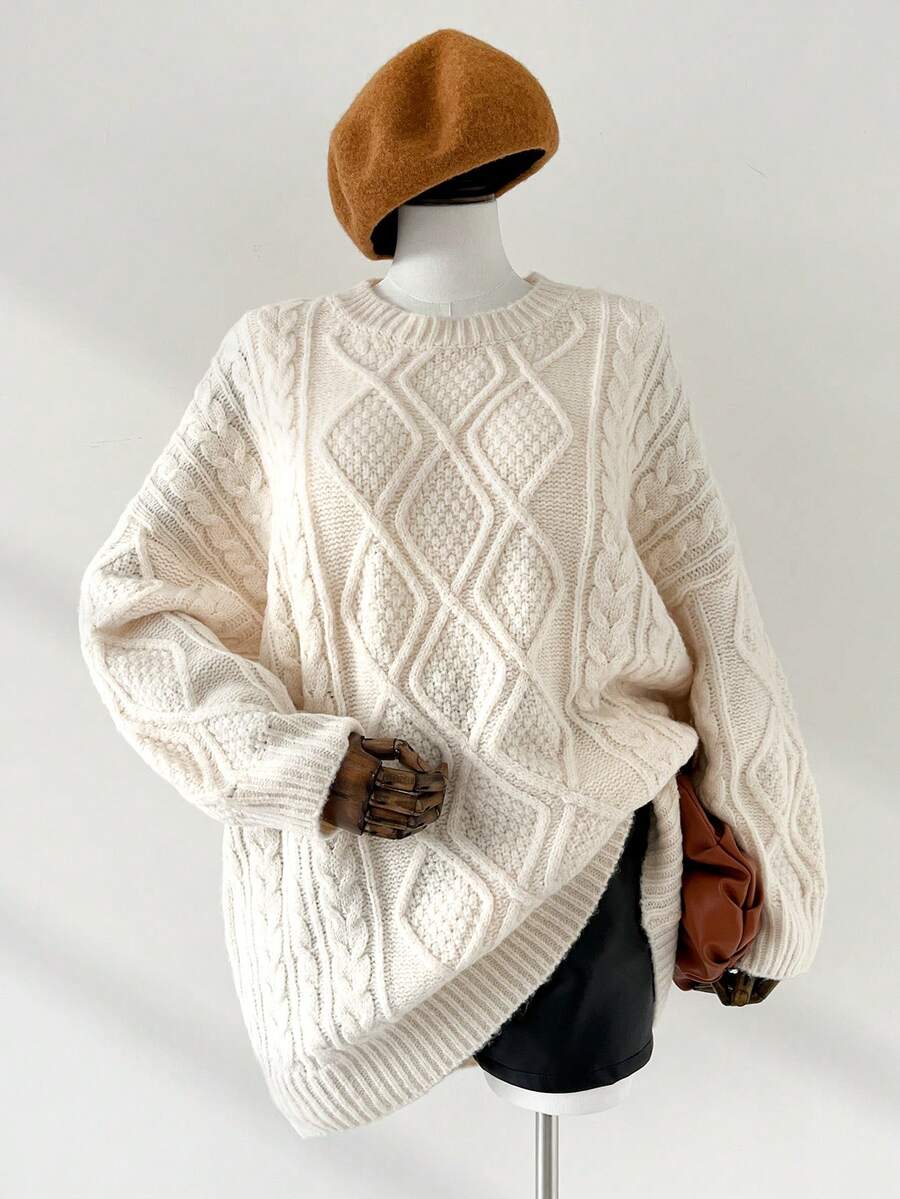 Auralis 大码女式秋冬时尚休闲宽松舒适日常柔软杏色扭结长袖套头毛衣，秋季，冬季，女式冬季毛衣 - 杏色 - 查看 1