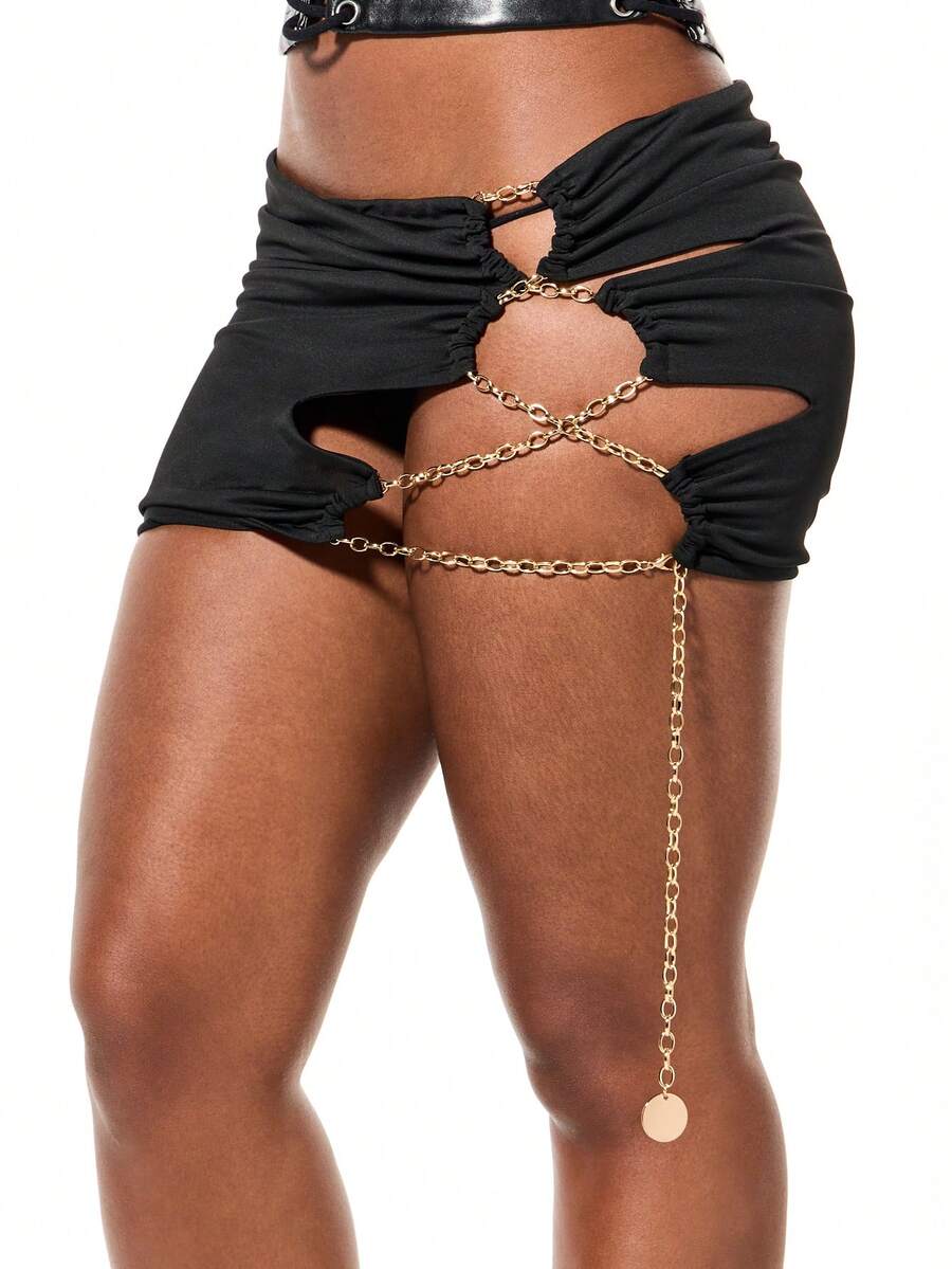 SUMWON WOMEN Slinky Bodycon Mini Skirt With Chain Detail And Cutout Design For Night Out - Black - View 1